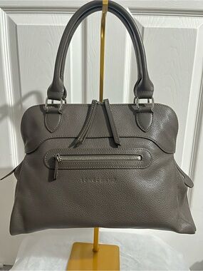Longchamp Taupe Gray Pebbled Leather Satchel with strap (crossbody)
